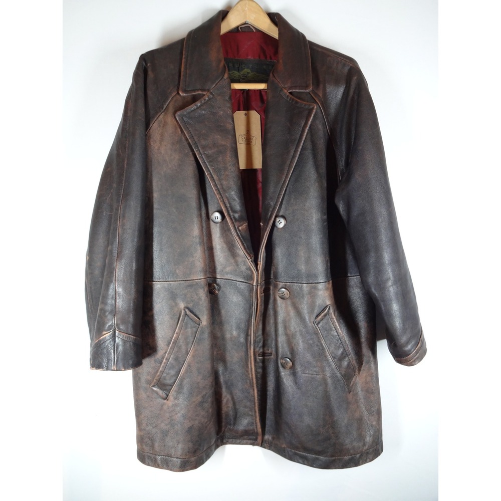 VTG 90s Structure Leather Car Coat Mens Medium Brown Distressed Grunge Jacket